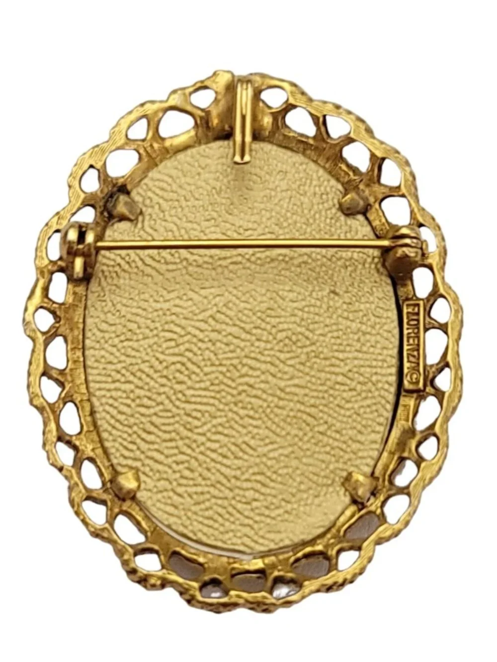 Florenza Gold Tone Cameo Print Lady's Portrait Brooch Pendant, Signed K565